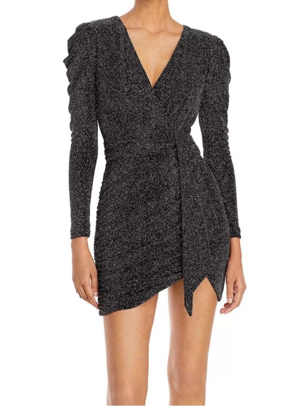 AQUA Metallic Faux Wrap Dress